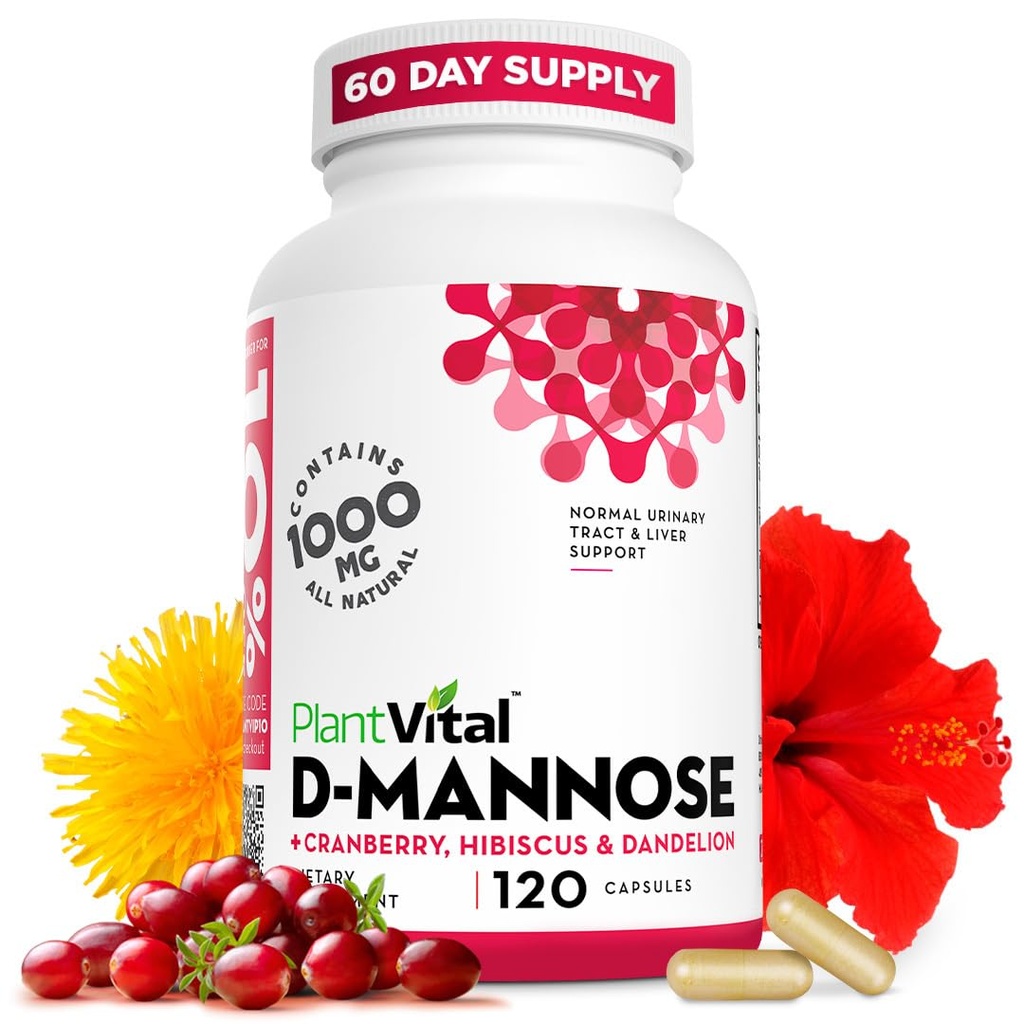 Plantvital D Mannose kapslar med Cranberry - D-mannos 1000mg kapslar - Hög styrka för blåsa, njure och urinvägsstöd. Cranberry Powder med Hibiscus och Dandelion. 2 månaders leverans