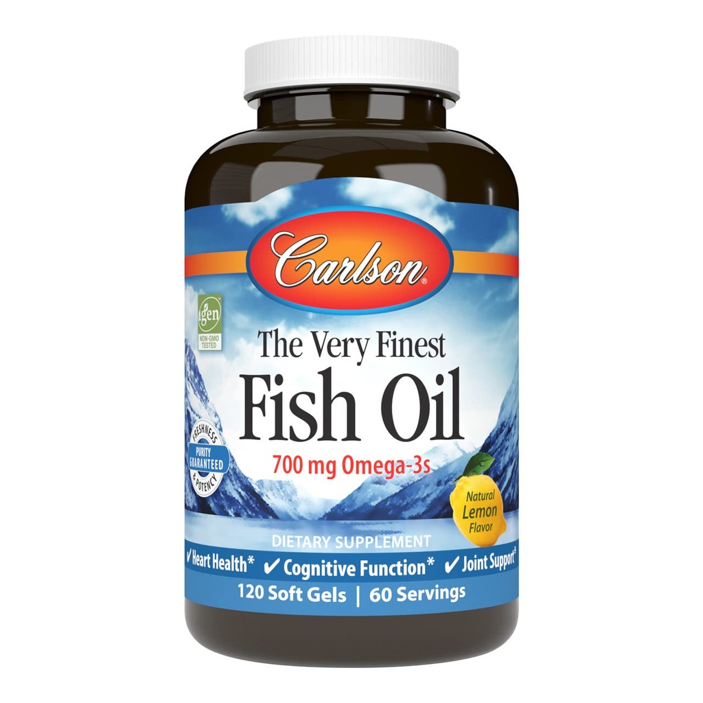 Carlson - Erittäin Finest Fish Oil, 700 mg Omega-3s, Norwegian Fish Oil Supplement, Wild Caught Omega-3 Fish Oil, kestävästi Lähdetty Fish Oil Kapselit, Omega 3 täydennysosa, sitruuna, 120 Softgels