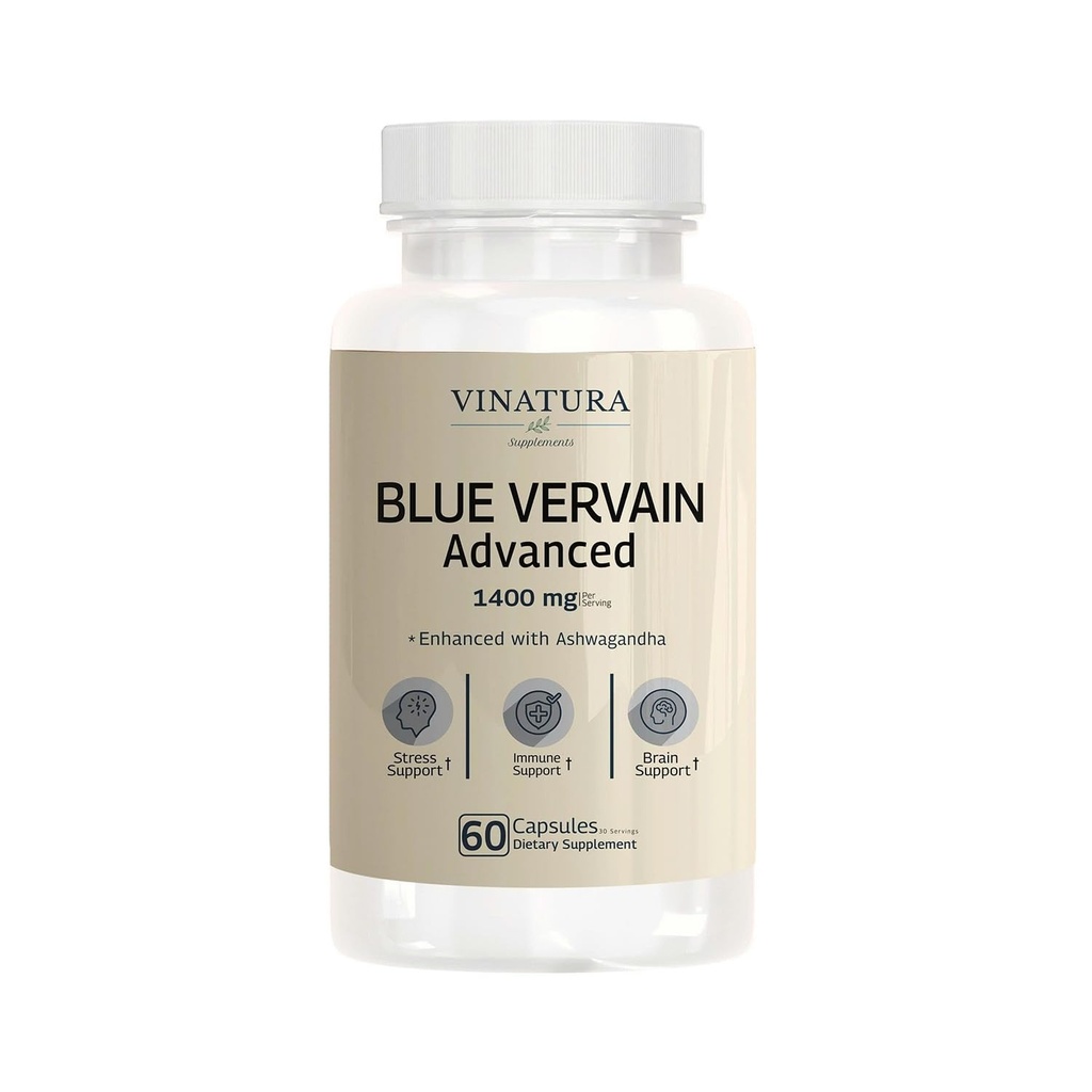 VINATURA Blue Vervain Advanced with Ashwagandha - 1400mg per serv, Blue Vervain Capsules, Blue Vervain Tea Alternative, Brain Health, Stressi helpotus, Ashwagandha lisäravinteet - 60 kapselia