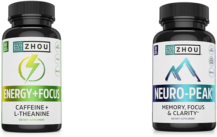 Zhou Caffeine 100 mg L-Theanine 200 mg Nootropic 60 kapselit ja Neuro Peak Brain Support DMAE Bacopa 30 kapselia