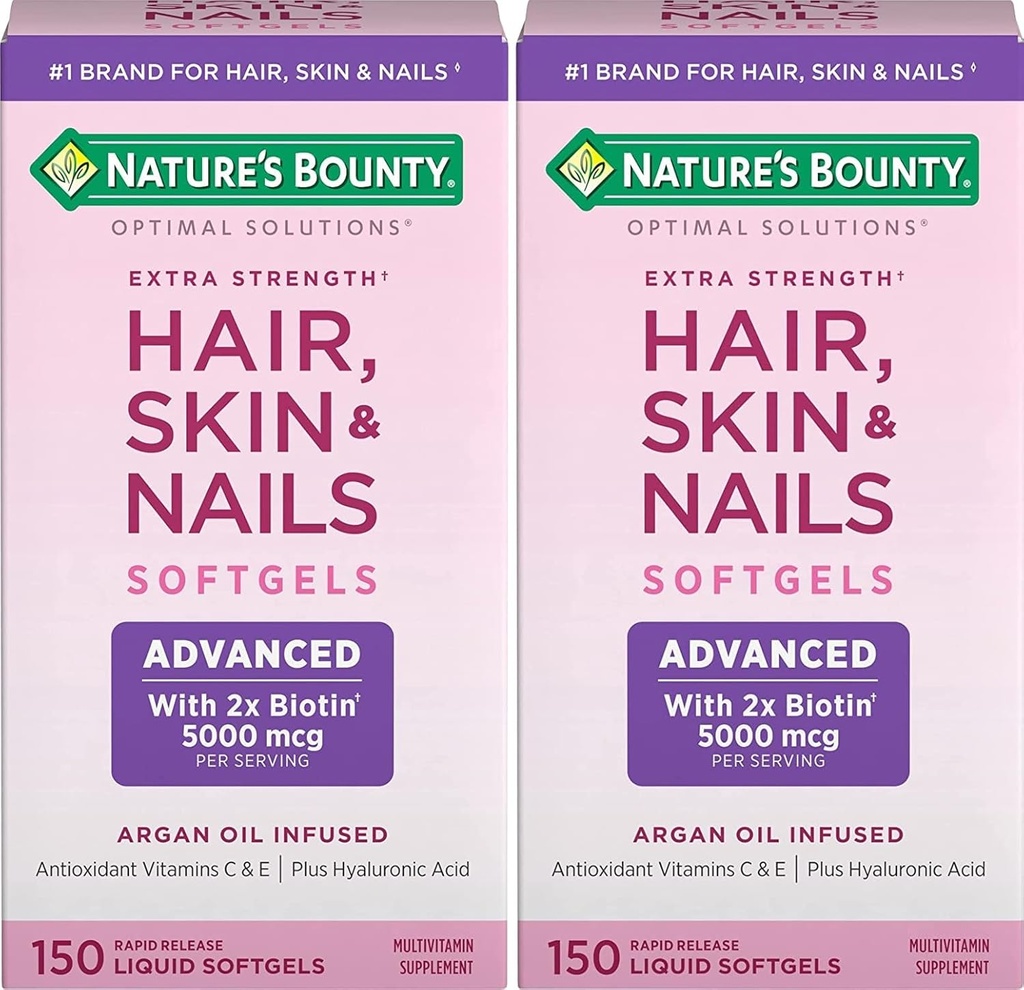 Nature's Bounty Hair, Skin & Nails Rapid Release Softgels, Argan-infused vitamiini täydentää Biotiini ja Hyaluronic Acid, tukee hiukset, iho, ja kynsien terveys naisille, 150 kreivi (paketti 2)