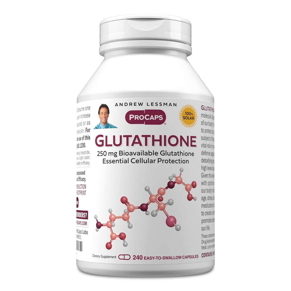 Andrew LESSMAN Glutatione 250 mg - 240 kapselia - Tehokas antioksidantti, vähentää hapettava stressi. Biosaatavissa, suojaa soluja, kudosta, elimiä. Tukee immuuniterveyttä. Helppo niellä kapselit.