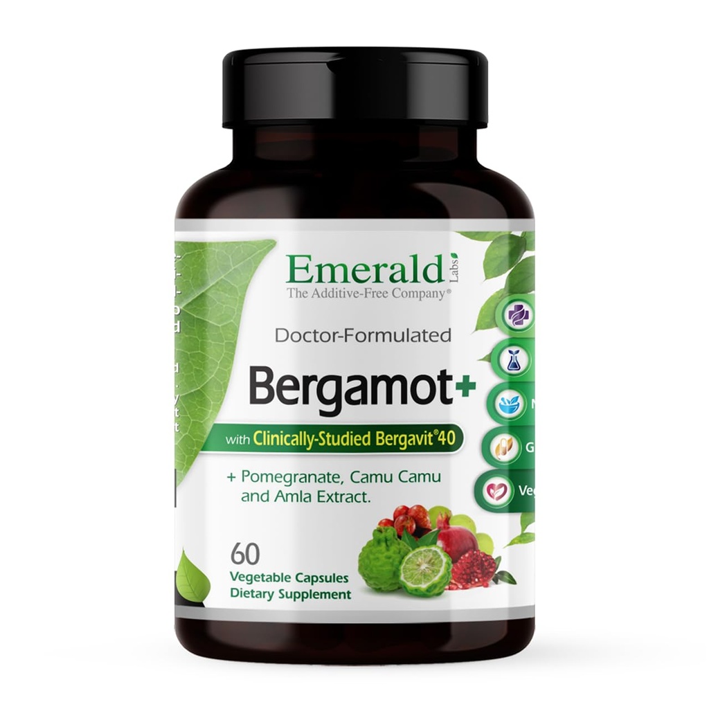 EMERALD LABS Bergamot+ - tukee aineenvaihduntaa ja sydänterveyttä Bergamotilla, Granaattiomenalla, Amlalla & Camu Camulla - Gluteeniton & Vegan - 60 kasvikapselia (30 tarjoilua)