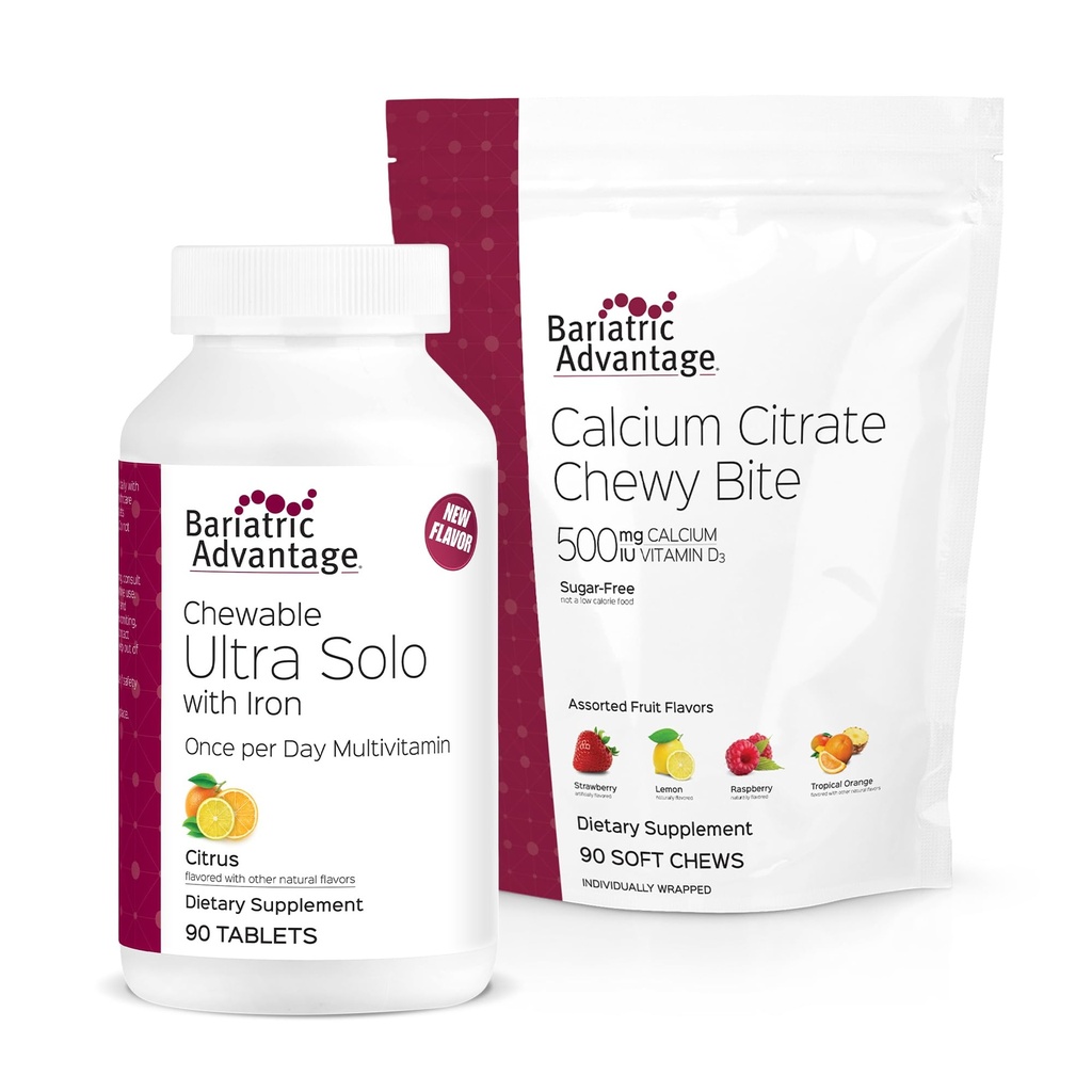 Bariatric Advantage Pureskeltava Ultra Solo Iron - Citrus, 30 kreivi ja kalsium Citrate Chewy Bites 500 mg - Assored Fruit Flavor,90