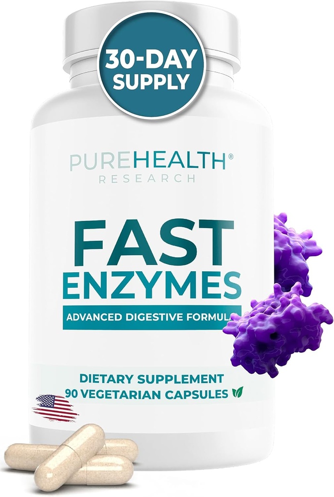 PUREHEALTH RESEARCH Tillverkad i USA Digestive Enzyme Supplement - Premium Lactase och Lipase Enzymes for Digestion - No More Bloating Relief & Better Digestive Health, 90 kapslar för 1 månad