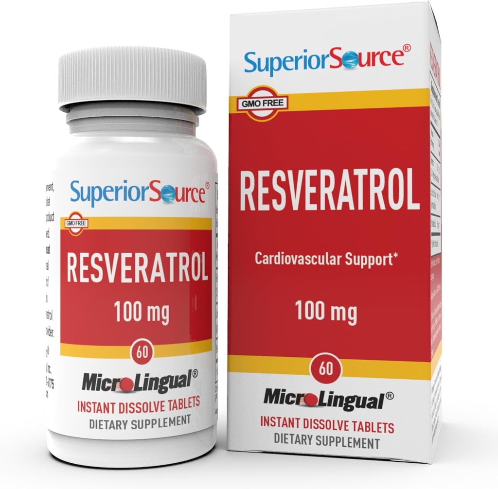 Superior Source Resveratrol 100 mg - Ravintolisä terveellistä ikääntymistä varten - Tukee aivojen ja sydämen terveyttä - Ei-GMO & Gluteenittomat - 60 MicroLingual Instant-solve tablettia