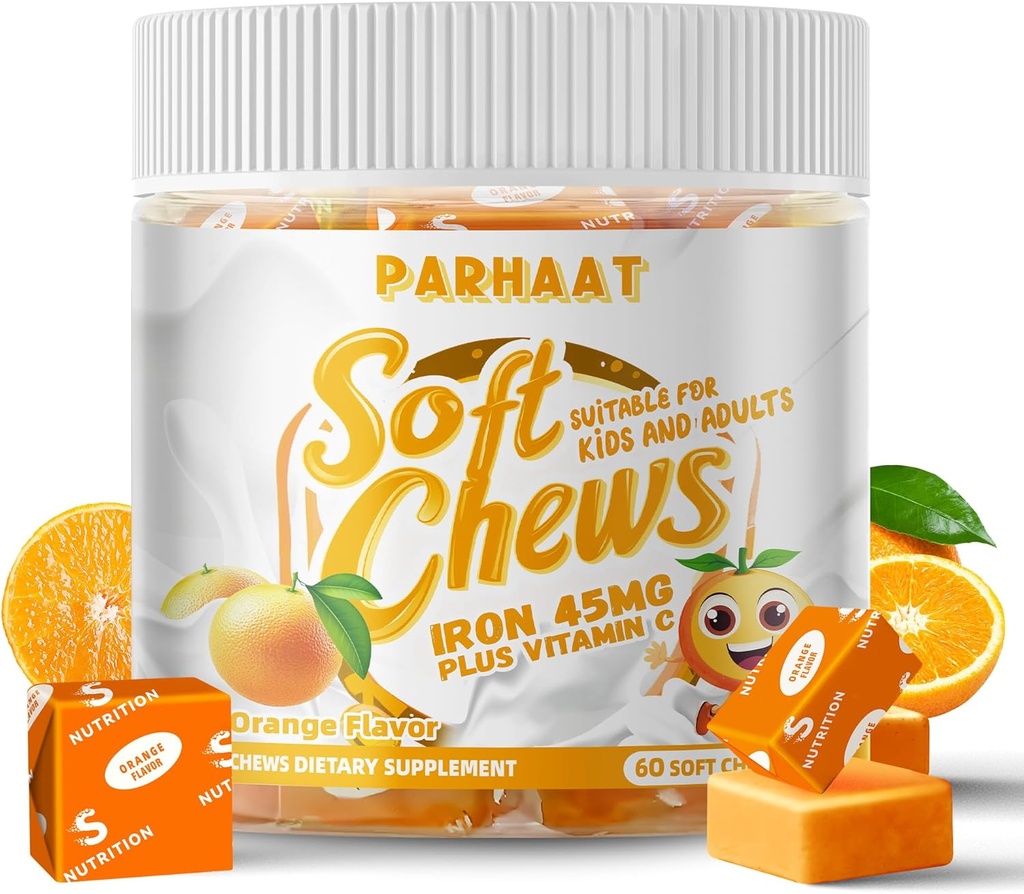 Iron Soft Chew Supplement kanssa C-vitamiini ...Orange Flavored ... Gluteeniton...