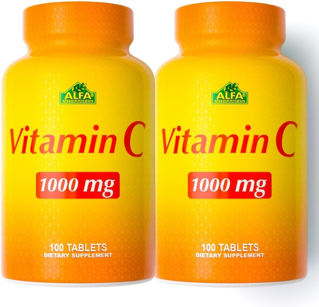 ALFA VITAMINS Vitamin C Supplement 1000mg, kraftfull antioxidant för immunstöd och hälsosam hud, främjar Collagen Formation, kosttillskott för dagligt välbefinnande, 100 tabletter, 2 flaskpaket