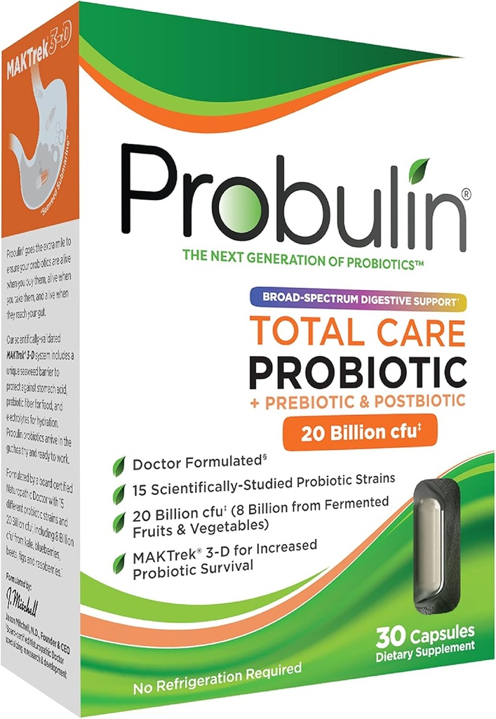 Probulin kokonaishoito Probiootti Supplement, Daily Gut, Ruoansulatuselimistön ja immuuniterveyden Probiootit Kapselit miesten ja naisten, 20 miljardia PMY, Vegan, 30 Count Box