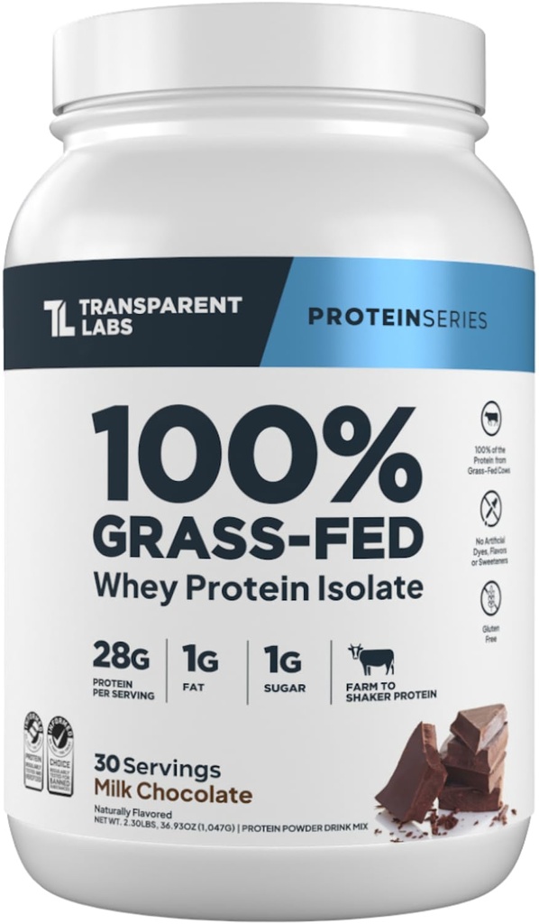 Läpinäkyvä Labs Grass-Fed Whey Protein Isolate - Luonnollisesti Maustettu, Gluteeniton Whey Protein Powder 28 g proteiinia per tarjoilu & 9 Aminohapot - 30 Tarjoilut, maito suklaa
