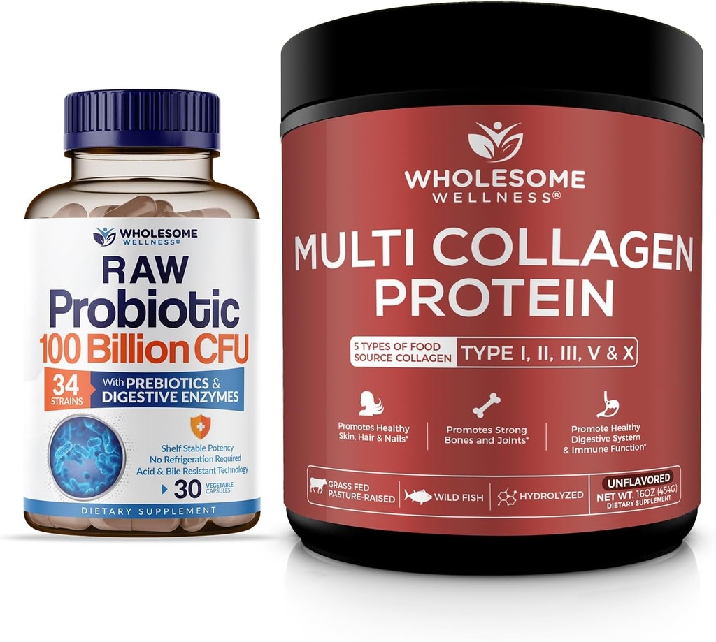 Terveellinen hyvinvointi Organic Probiootit 100 miljardia PMY, Dr Formulated naisten ja miesten + Multi Collagen Protein Powder Hydrolysed (tyyppi I II III V X) Bundle