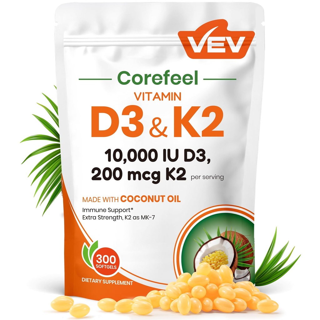 VEV Corefeel D3 K2 10 000 IU, 200 mikrog MK-7, 300 Coconut Oil Softgels, 2 in 1 vitamiineja täydentää D & K (sisältää MK7), helppo niellä, tukee kalsiumin imeytymistä, Bone Health