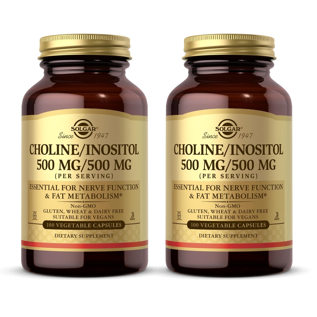 Solgar Choline / Inositol 500 mg / 500 mg, 100 vegetabiliska kapslar (Pack of 2) - Energimetabolism, leverhälsa, väsentlig för hjärna och nervfunktion - Icke-GMO, Vegan, Kosher - 100 Totalt portioner