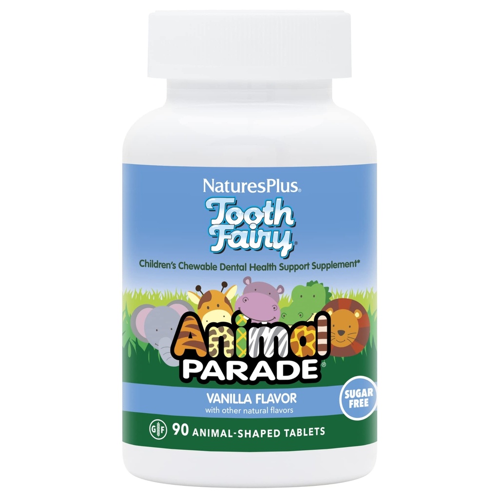 Natures Plus Animal Parade Hammaskeiju Lasten purukumia - Natural Vanilla Flavor - 90 Animal-Shaped Tabletit - Dental Health Supplement - Kasvisruokaa, Gluteeniton - 45 Tarjoilu