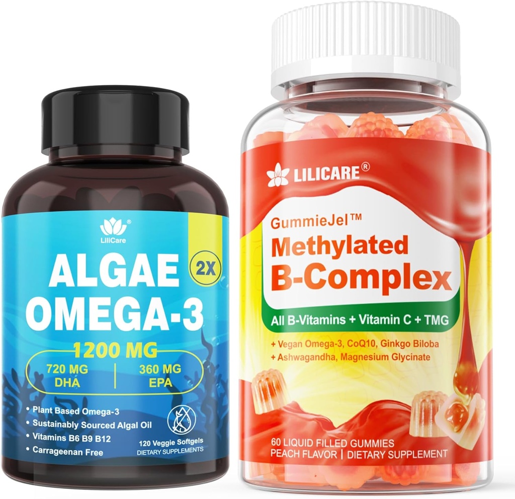 B-vitamiini Complex täytetyt Gummies & Plant-Based Algae Omega 3 1200mg täydennysosa