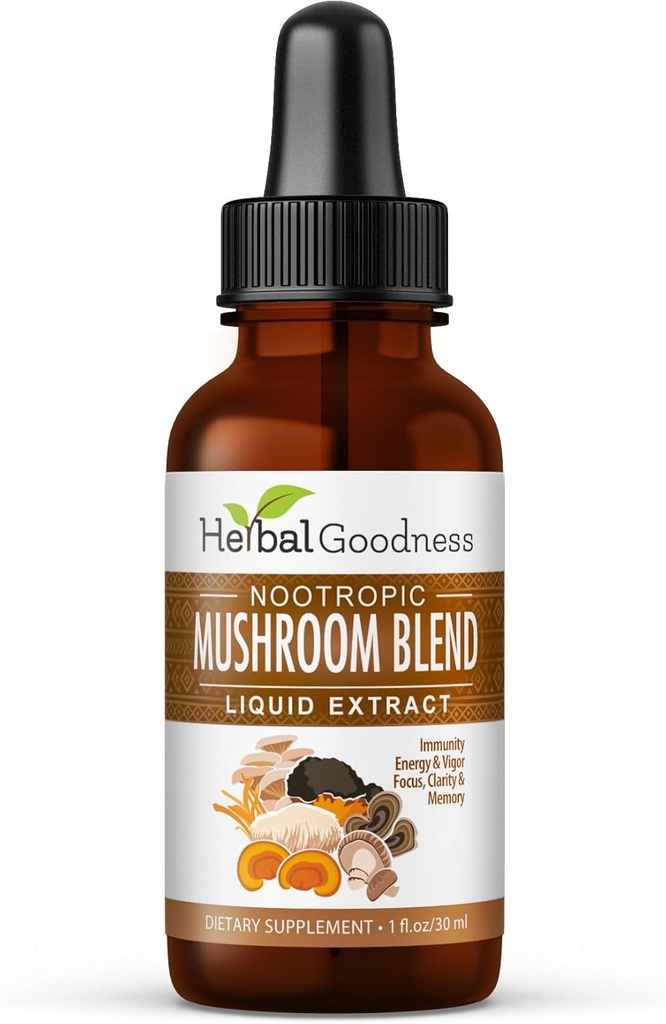 Nootropic 8-in-1 Mushroom Extract Liquid - 1 fl. oz Bottle | Lion's Mane, Reishi, Turkiet Tail, Cordyceps, Chaga, Maitake, Shiitake & Oyster Mushroom Tincture | Immune Support & Cognitive Function