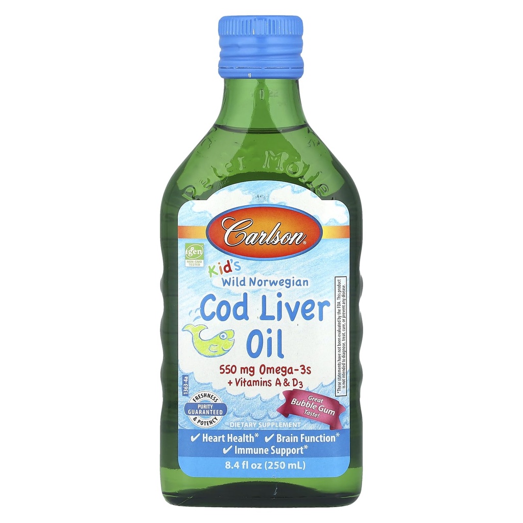 Carlson Kid Wild Norwegian, Cod Liver Oil + Vitamins A & D3, Bubble Gum, 8,4 fl oz (250 ml)