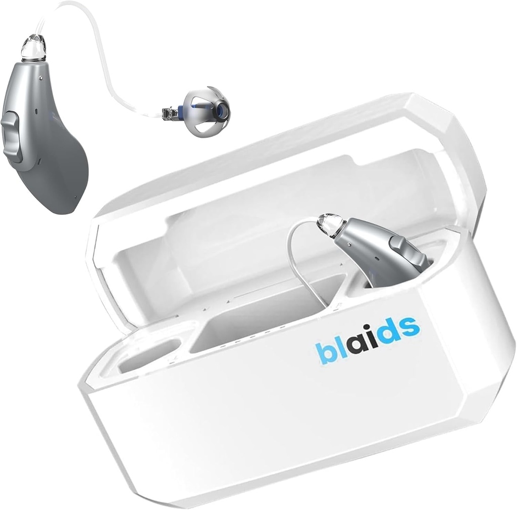 BlaidsX Neuro Rechargeable RIC + programmerbara hörapparater för vuxna med Mobile App Hearing Test & Noise Cancellation, Hörapparater för seniorer, Dual Mic & 96 DSP-kanaler. USA-Made Processor