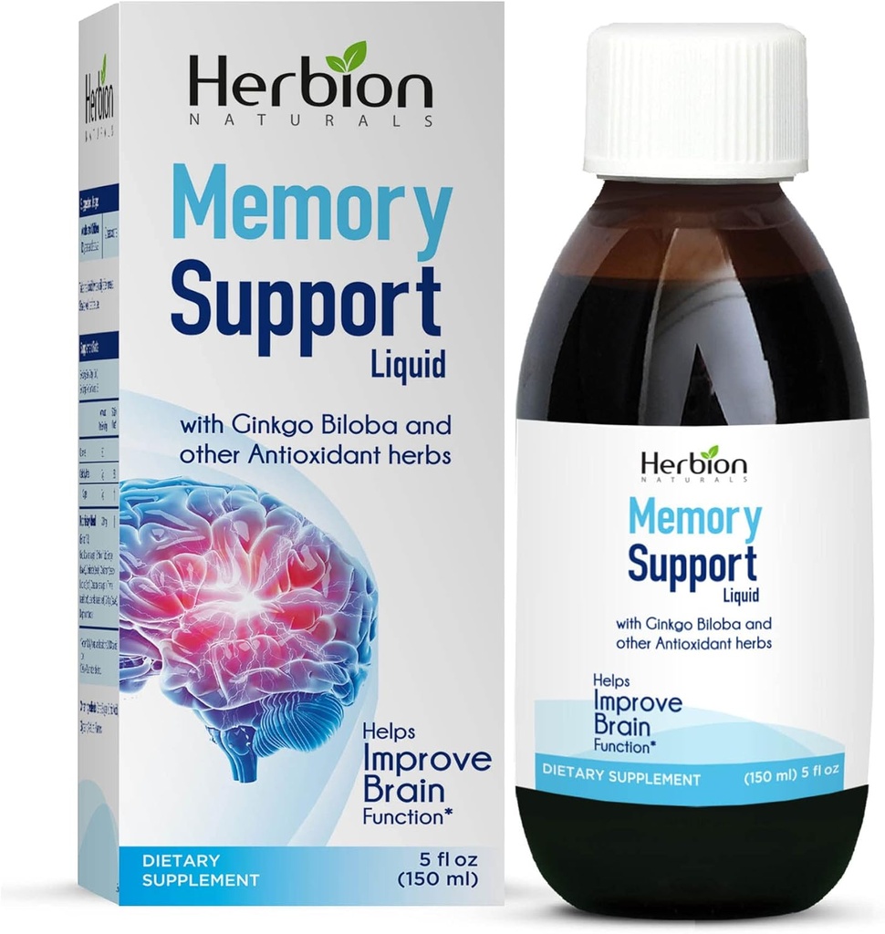 HERBION Naturals Muistin tuki neste - auttaa parantamaan aivojen toiminta & Poissa mielentila, ylläpitää terve mieliala Ginkgo Biloba, aikuiset ja lapset yli 12 vuotta, 5 fl oz, 150 ml
