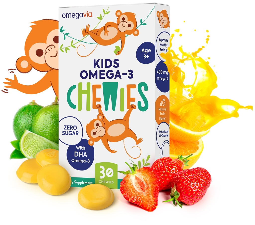 Omega 3 Gummies - Ultra-High DHA Pureskeltava Gel Gummy - Omega 3 lapsille tukee aivojen ja silmien terveyttä - Sokeriton luonnon hedelmä maku - Kids Omega 3 kalaöljy Gummies (30 kreivi)