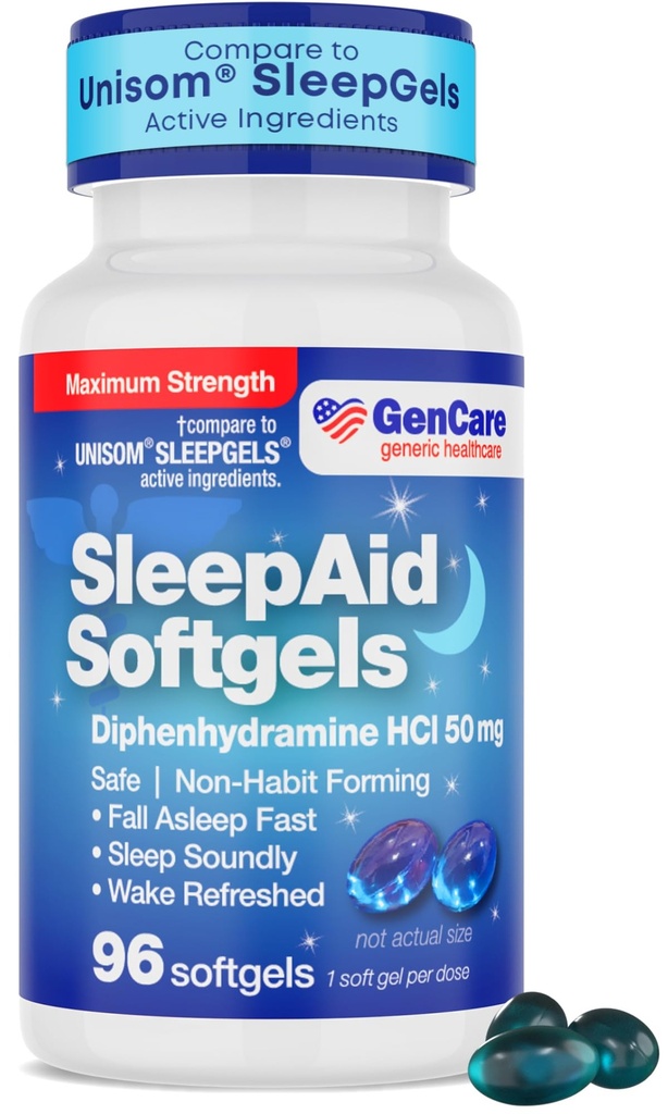 GenCare Maximum Strength Nighttime Sleep Aid Supplement för vuxna Djupa sömnpiller med Diphenhydramine HCl 50mg för att somna snabbare - Stark icke-vanlig formning PM Sömnhjälp [96 Softgels]