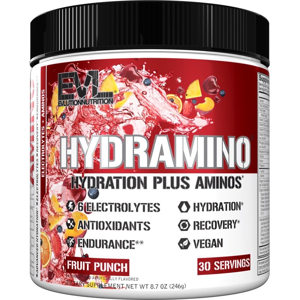 Evlution Nutrition HYDRAMINO Complete Hydration Multiplier, Kaikki 6 Elektrolyyttiä, C-vitamiinia ja B-vitamiinia, nestettä lisäävää Aminoa, kookosvettä, kestävyyttä, hyödyntämistä, antioksidantteja, 30 tarjoilua, hedelmäpunssi