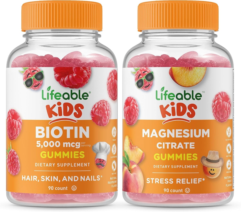 Elinkelpoinen Biotin Lapset + Magnesium Citrate lapset, Gummies Bundle - Suuri maistaminen, vitamiini täydentää, Gluteeniton, GMO vapaa, pureskeltava Gummy