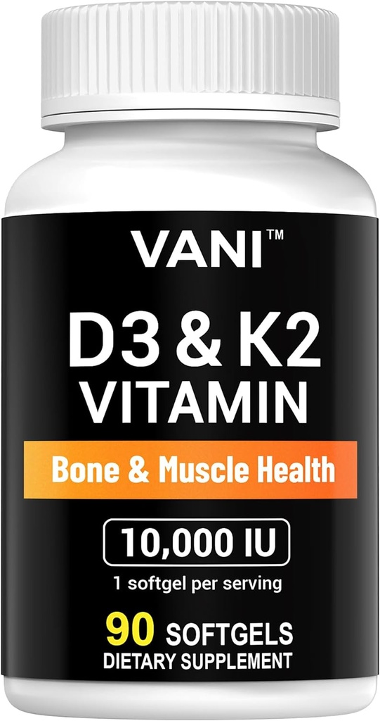 VANI Vitamins D3 (10000iu/250mcg) + K2 (som Mk7), för Ben & Muscle & Teeth Health, 90 SOFTGELS