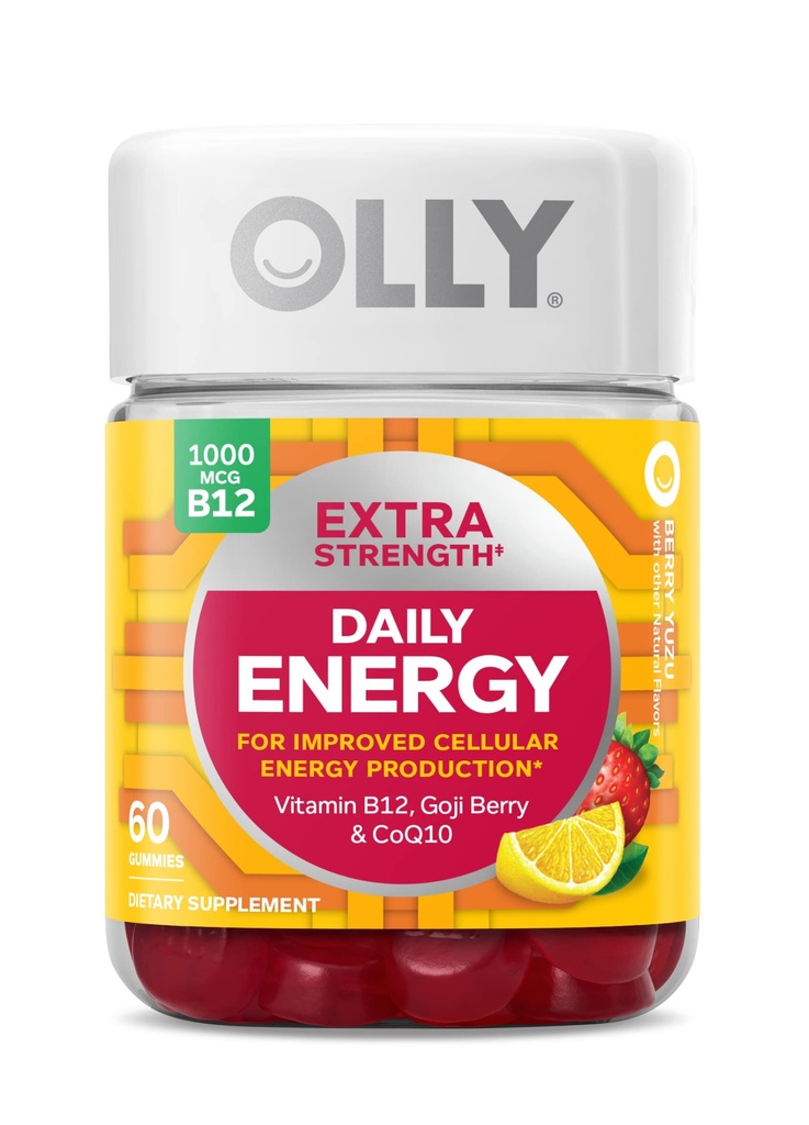 Olly Extra Strength Daily Energy Gummy, Kofeiiniton, 1000 mcg B12, CoQ10, Goji Berry, Aikuisten purutabletti, Berry Yuzu Flavor - 60