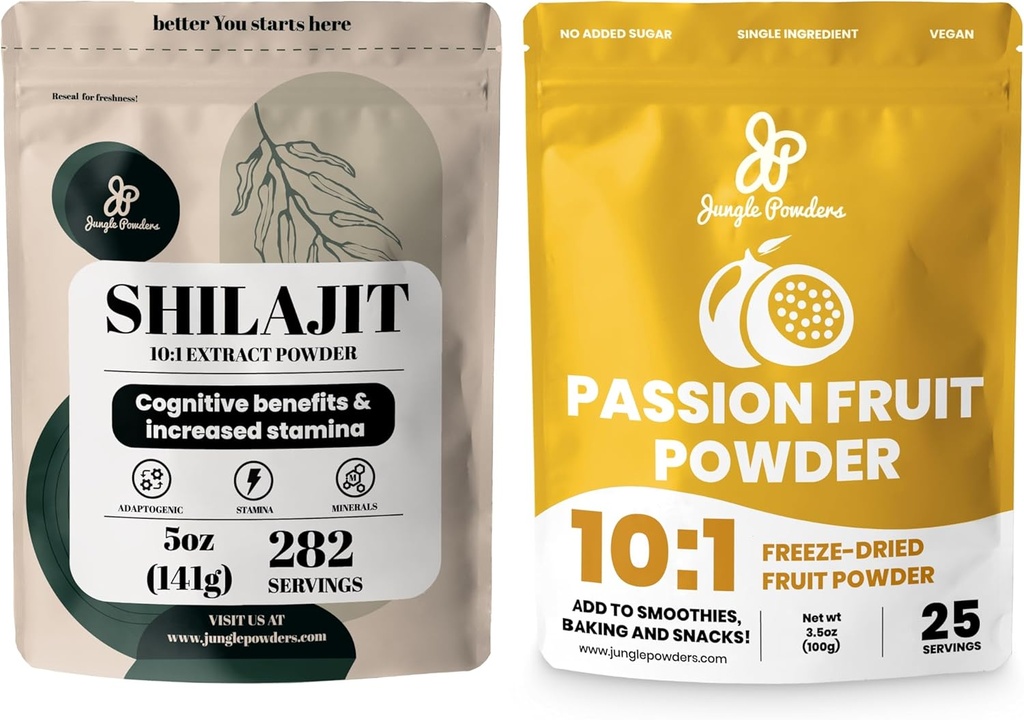 Jungle Powders Premium Duo: 5oz Raw Shilajit & 3.5oz Passion Fruit Powder - Miesten Energy Support, Immuuni Boost, Freeze Kuivattu Passion Fruit Powder for Baking, Smoothies, Additive Free Extract