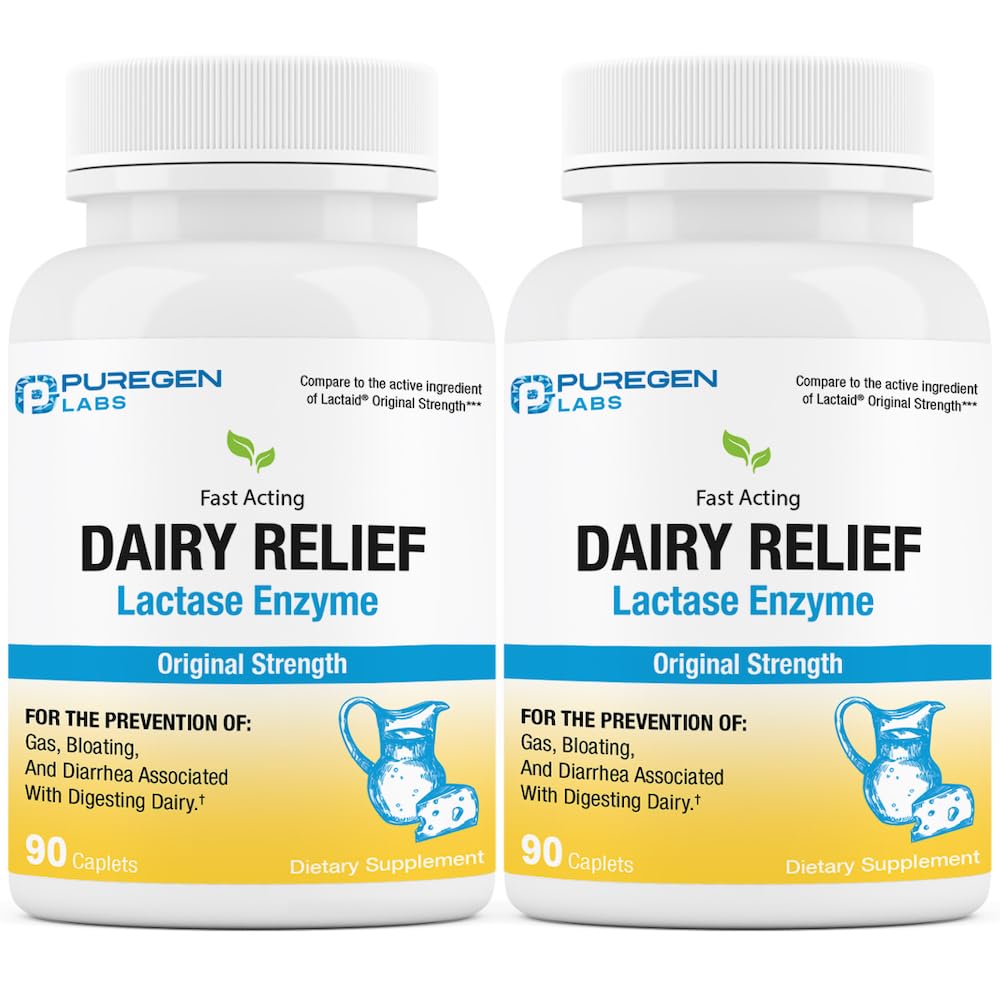 Puregen Labs Dairy Relief Natural Fast Acting Laktaasi Enzyme 3000 FCC, Laktoosi-intoleranssi pillereitä 2 Pakkaus - 180 Kapselit Yhteensä