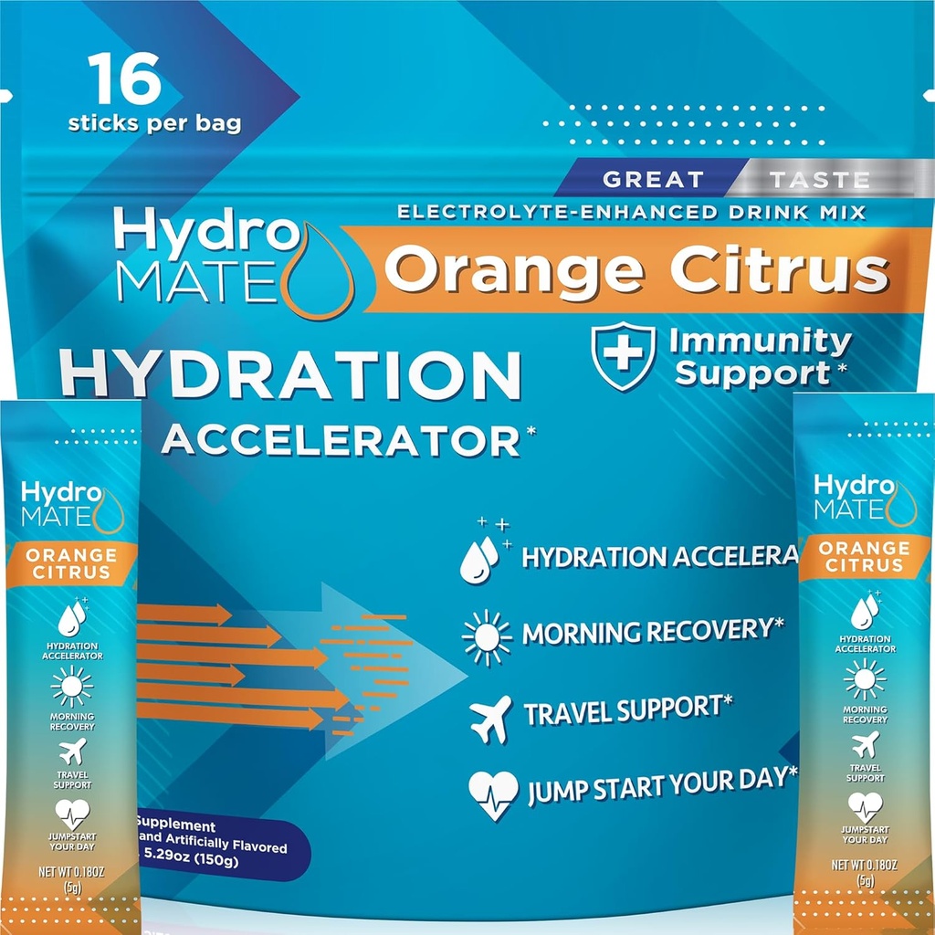 HydroMATE Elektrolyyttejä Powder kanssa alhainen sokeri - 16 Instant Hydration Packets kanssa C-vitamiini Orange lisätä energiaa - Low Sugar Elektrolyyttejä Powder Packets tukea Hydraation nopeasti Party Recovery