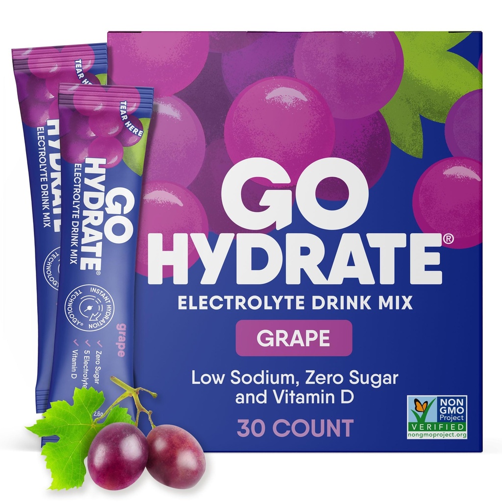 GoHydrate Instant Hydration Powder Packetit - Alhainen natrium Elektrolyyttejä Drink Mix - Natural Hydration Support, Sokeriton Elektrolyytti Makujauhe Drink D-vitamiini, 30 pakkausta, Rypäle