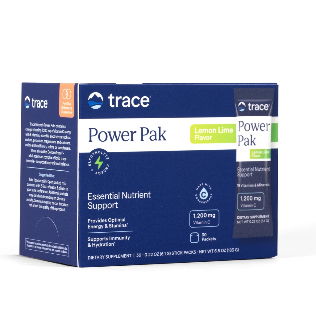 Trace Minerals Power Pak Multivitamiini ja Multimineral Packets - Elektrolyytti tuki - 1200 mg C-vitamiini plus 70+ Trace Minerals - sitruunan lime Flavor - 30 Packets