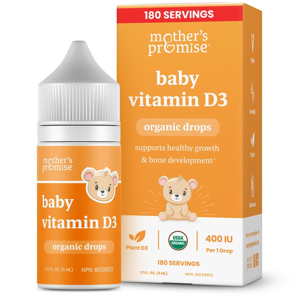 Mother's Promise Organic Baby Vitamin D Drops | 100% Plant Based | Hälsosam tillväxt och benutveckling | Age Newborn + | 180 portioner | Baby Vitamin D3 Liquid för spädbarn & småbarn | 400 IE för spädbarn
