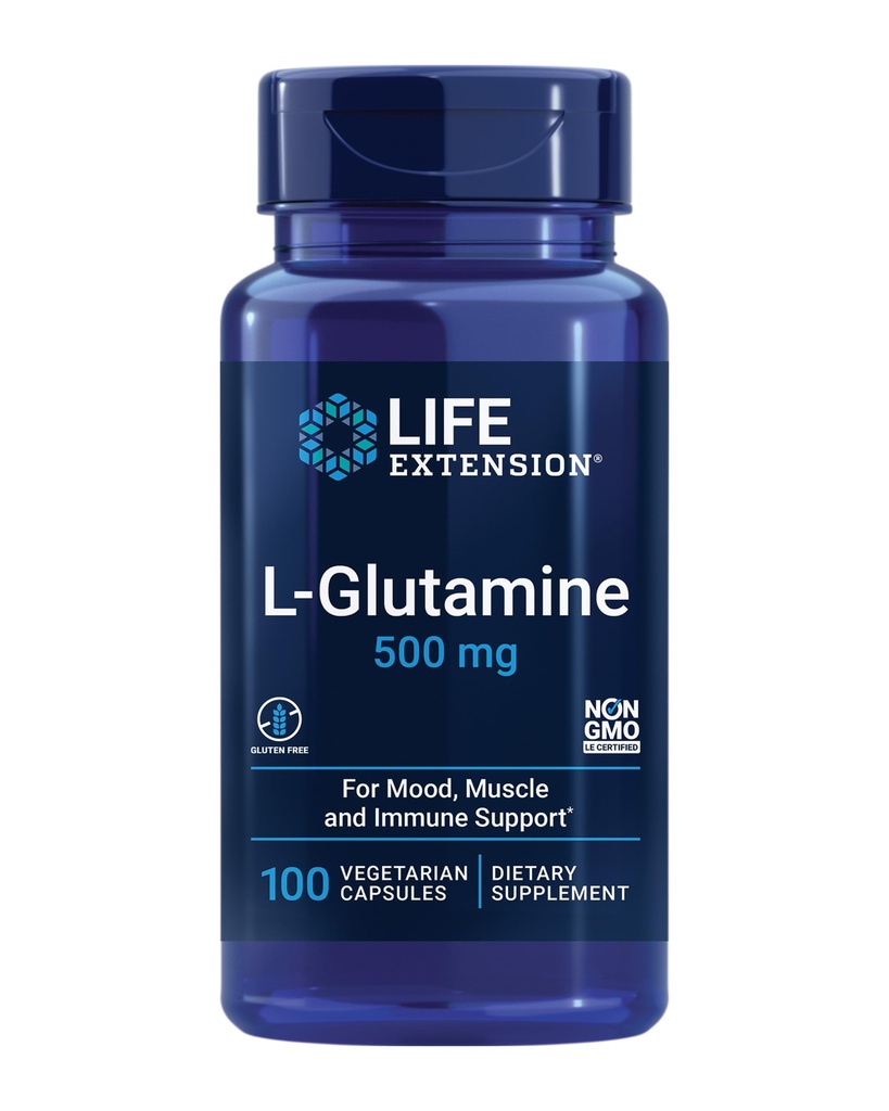 Livslängd L-Glutamin, 500 mg L-glutamin, Aminosyra, stöder muskelhälsa och immunhälsa, glutenfri, icke-GMO, 100 vegetariska kapslar