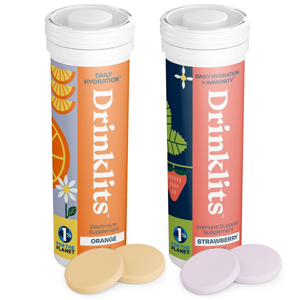 Drinklits Orange Daily Hydration Tabletit + Strawberry Immuniteetti Tabletit (2) Tube Pack Essential Electrolytes ...