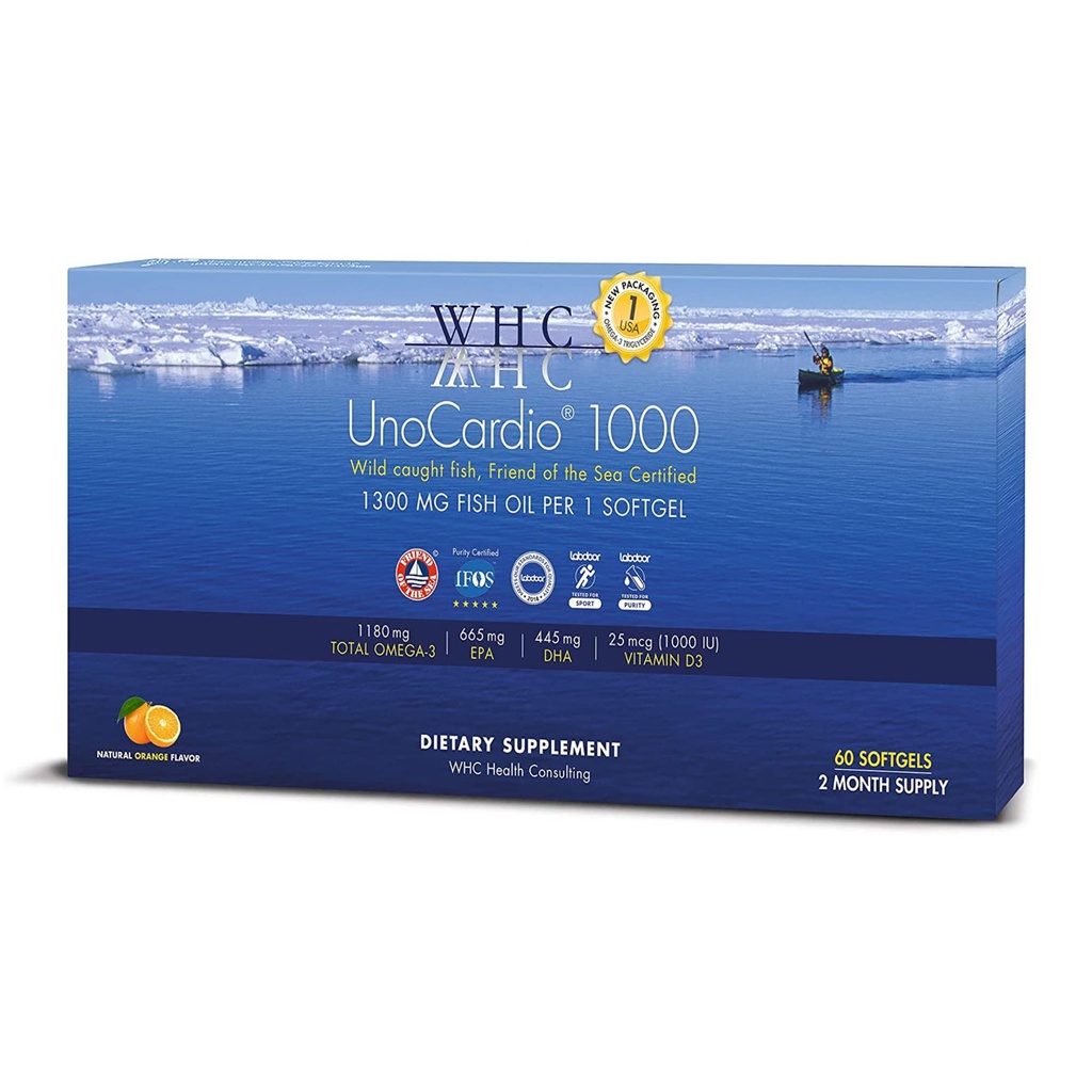 WHC, UnoCardio 1000 Fish Oil, 1300 mg Pure Triglyseride Fish Oil Omega-3 (1180 mg), 665 mg EPA ja 445 mg DHA ja 25 mikrog (1000 IU) D3-vitamiinia softgelia kohti, Natural Orange, 60 softgelia
