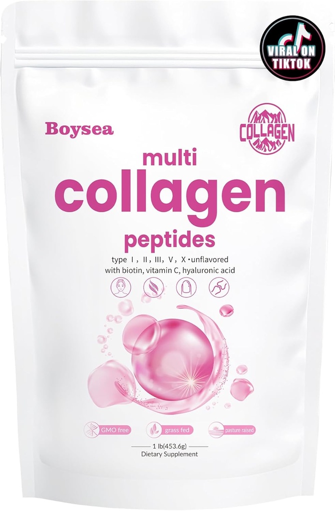 Boysea. Multi-Collagen Peptides Powder - Hydrolysed Protein Peptide Tyypit I, II, III, V, X Biotiini & C-vitamiini, tukee ihoa, hiuksia, kynsiä ja niveliä, ei-muuntogeenisiä organismeja, gluteeniton, helppo sekoittaa 1LB