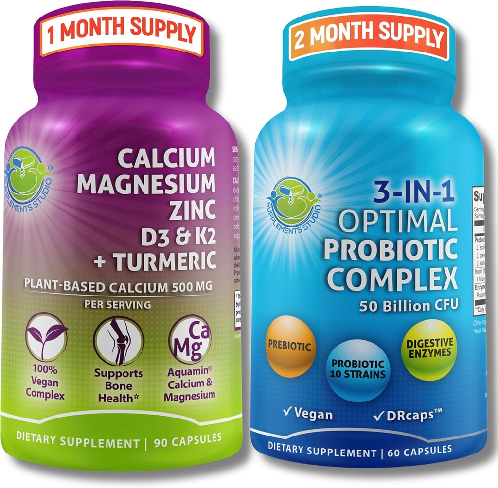 Bone Health & Gut Support Bundle - 3-i-1 Probiotic 50 Billion CFU, Prebiotic och Digestive Enzymes + Plant-Based Calcium, Magnesium, Zink, D3, K2 & Organic Turmeric - Vegan, Non-GMO, Clean Label
