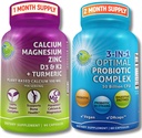 Bone Health & Gut Support Bundle ... 3-in-1 Probiootti 50 miljardia PMY, prebiootti ja digestiivinen Entsyymit + kasviperäistä kalsiumia, magnesiumia, sinkkiä, D3, K2 & Organic Turmeric Vegaani, ei-GMO, puhdas etiketti