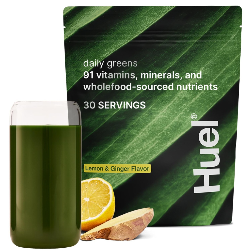 Huel Daily Greens Lemon & Inkivääri ... Superfood Greens Powder... 91 Vitamiinia, kivennäisaineita ja kokonaisruokaa sisältävät ainesosat...