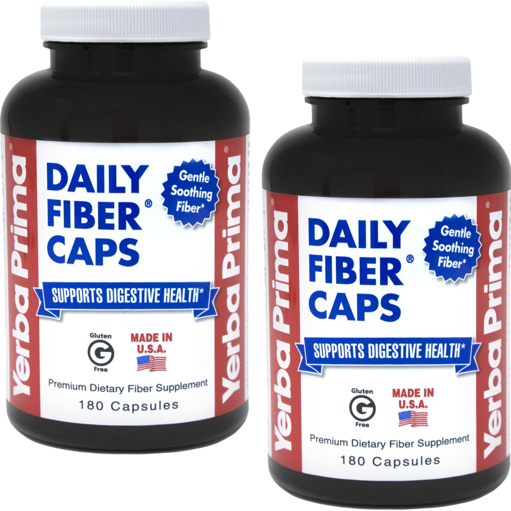 Yerba Prima Daily Fiber Formel - 180 caps (Pack of 2) - Soluble & Insoluble Dietary Fiber Supplement - Colon Cleanse - Gut Health - Vegan, Non-GMO, Glutenfri