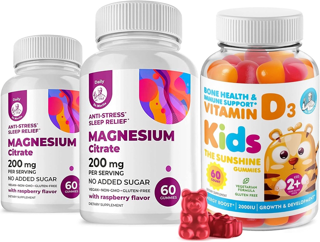 Vitamin D Gummies för barn & vuxna 2000 IE och Magnesium Gummies - friska vitamin D3 Supplements 1000IU - Vegetarian Gelatin-Free Immune Support med Sugar-Free Magnesium Calm Chews för barn & vuxna