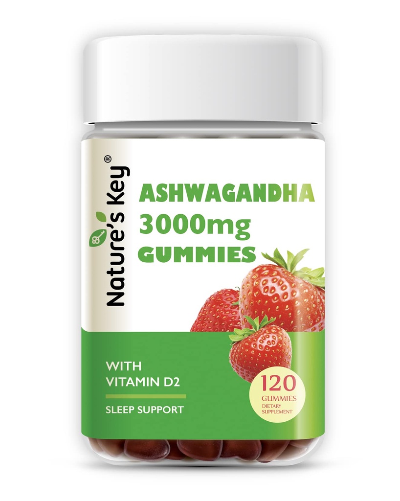 Nature's Key Ashwagandha Gummies, High Potency Ashwagandha juuriuute D2-vitamiinilla, miehille ja naisille, stressi, rauhallinen mieliala ja kognitio, mansikkamaku (120 laatikko 1)