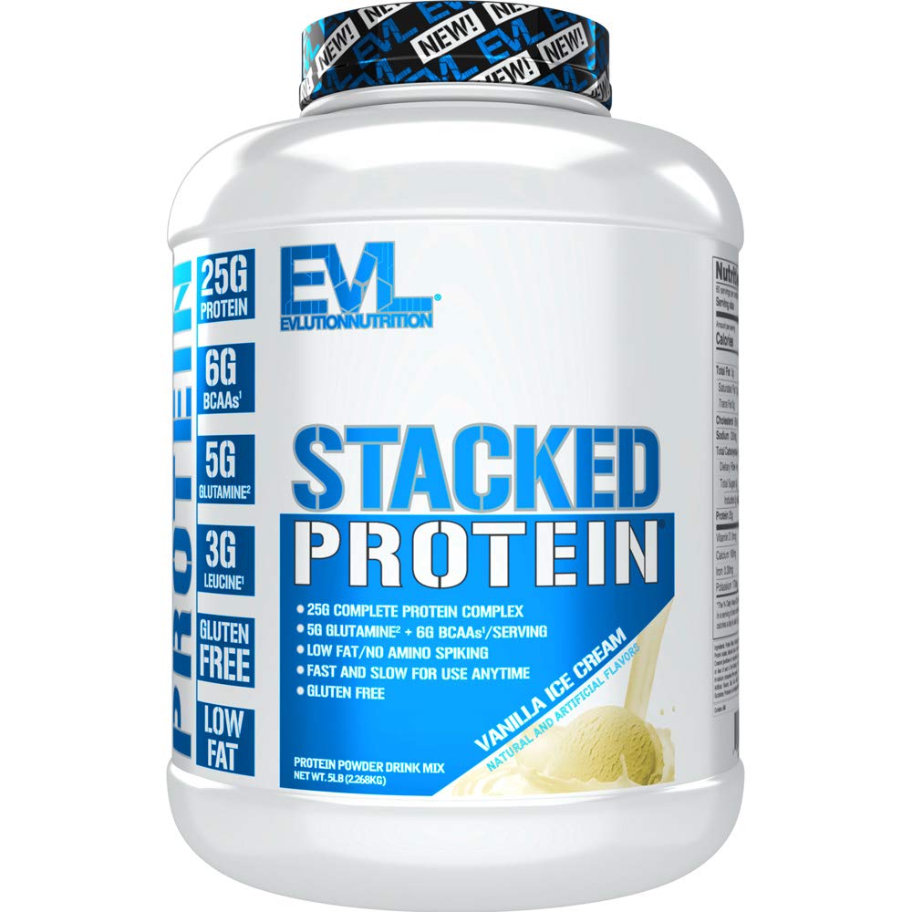 Evlution Nutrition Stacked Protein Powder with 25 Grans of Protein, 6 Grans of BCAAs and 5 g of Glutamiini (Vanilla Ice Cream, 5 LB)