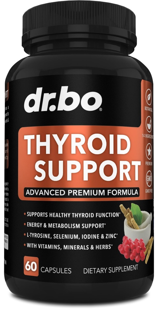 Thyroid Support för kvinnor och män Supplement - Naturlig metabolism, humör och energiförbättring med L-Tyrosine Selenium Iodine Zink Bladderwrack Kelp & Ashwagandha Thyroid Supplement Complex Vitamin 60 Pills