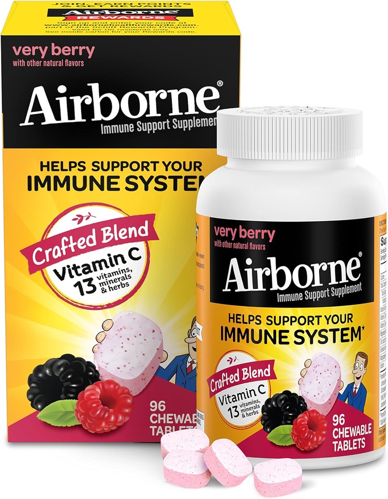 Airborne 1000 mg C-vitamiini purutabletit sinkki, Immuuni tuki täydentää voimakas antioksidantteja vitamiinit A C & E - 96 purutabletit, Erittäin Berry Flavor