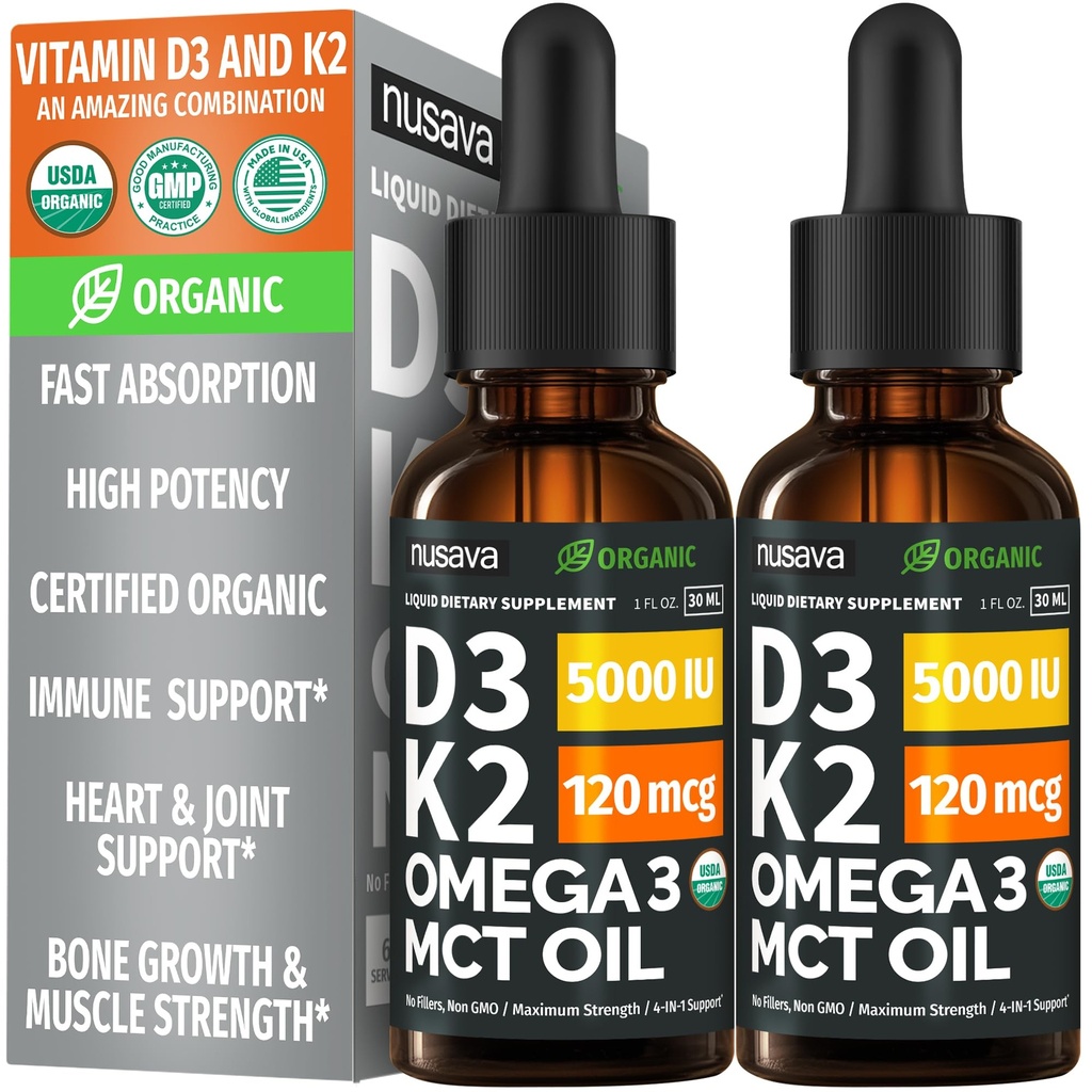 (2 pakkaus) Organic D3 K2 Drops with MCT Oil Omega 3, 5000 IU ...