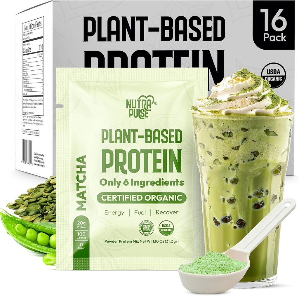 Matcha Vegan Protein Powder Sample Pack - 20g Organic Plant-Based Protein - Non-GMO, Gluten-Free, Soy-Free - Smoothie & Shake Ready - Lätt att Digest - 16 Single Servings - Prova alla 16!